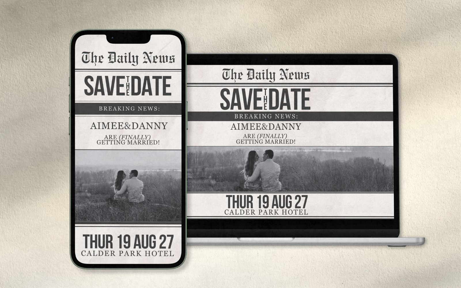 Digital save the date with engagement photo on phone and tablet