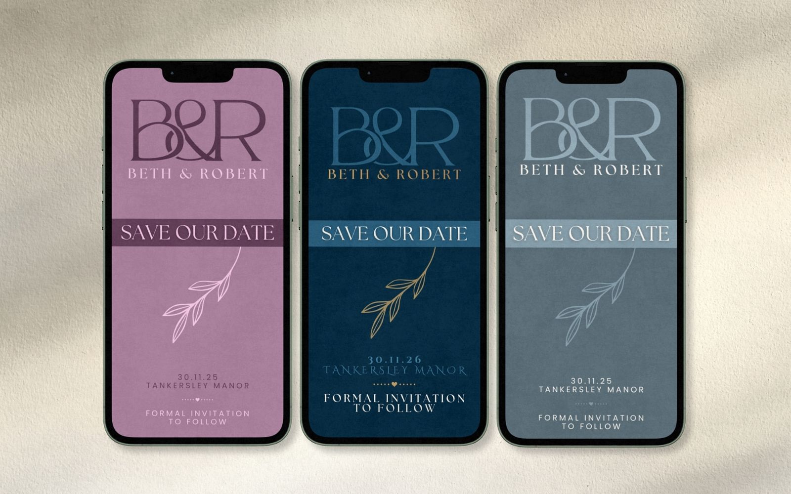 Botanical digital save the date design displayed on three phones